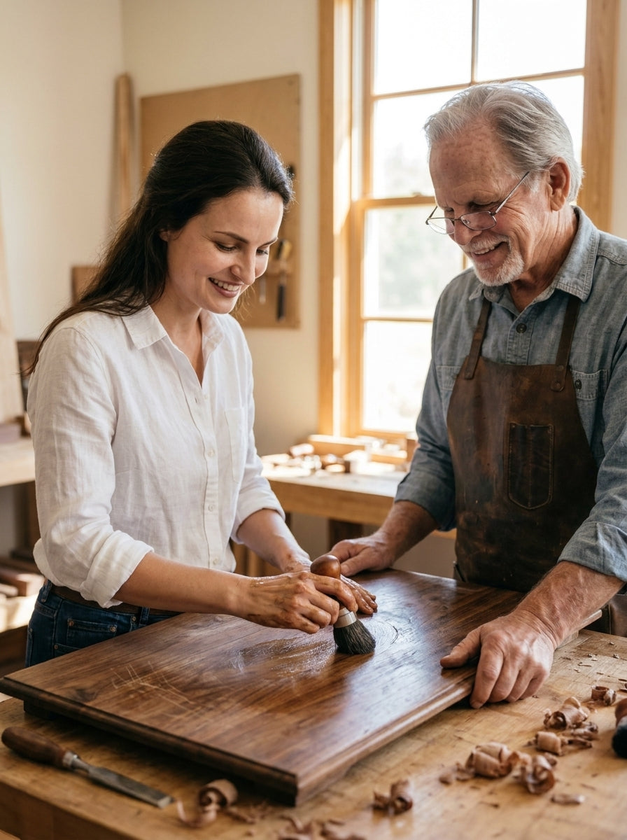 The Lence family restoring a wooden table together